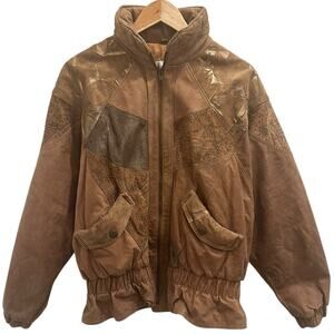 VTG 80s LNR Tan Brown Metallic Patchwork Leather Bomber Jacket Boho Retro Small